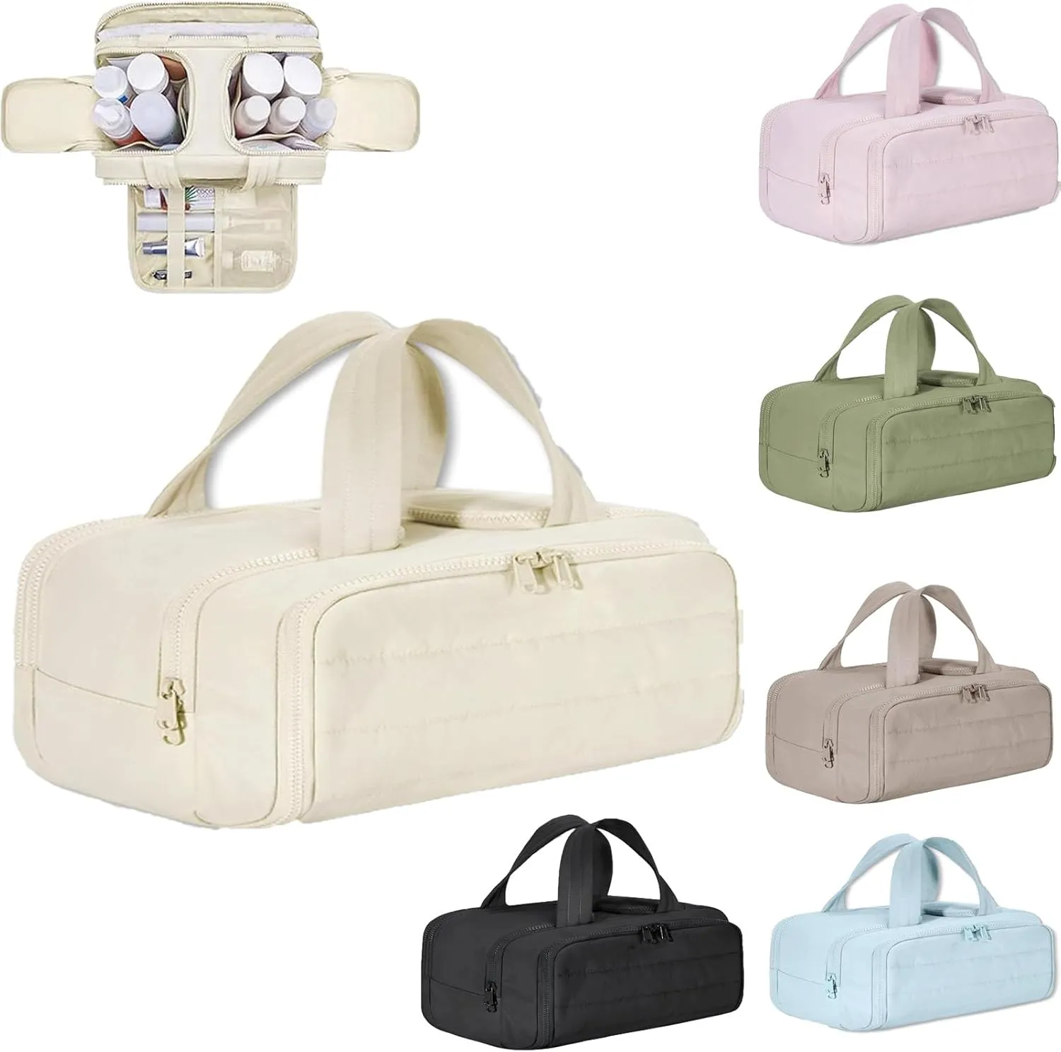 Cureaway Travel Cosmetic Bag, Large Capacity Wide-Open Cosmetic Bag, 4 In 1 Waterproof Portable With Compartments And Handles For Women's Travel Storage (Creamy White)