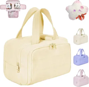 Curetoaway Travel Cosmetic Bag, Colaborateam Large Capacity Wide-Open Travel Cosmetic Bag, Ultra Light & Soft Materials, Dry-and-Wet Separation, Easy Access & Keep Upright, 2025 New Spring In (Beige)