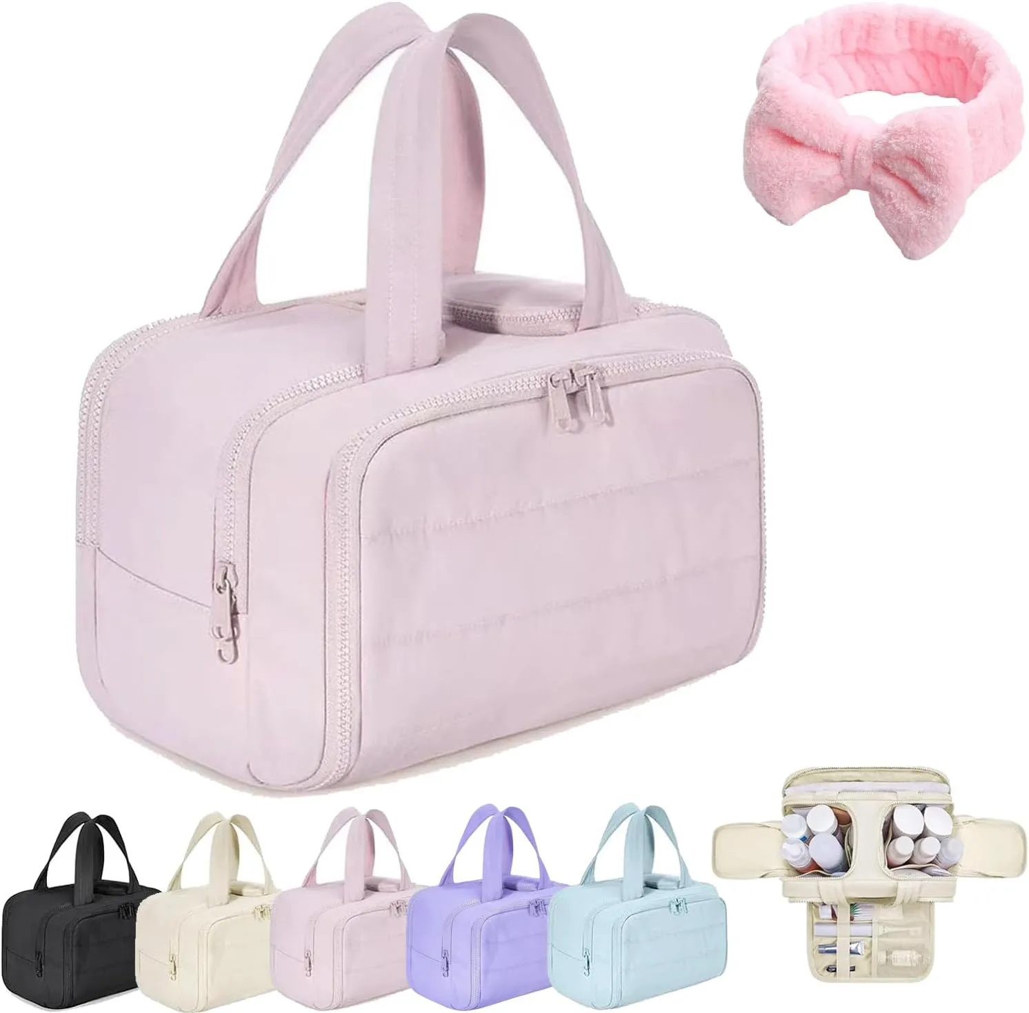 Curetoaway Travel Cosmetic Bag, Large Capacity Wide-Open Travel Cosmetic Bag, Curetoaway Toiletry Bag with 4 Compartments, 0.6lb Ultra Lightweight Toiletry Organizer with Handle (Pink)