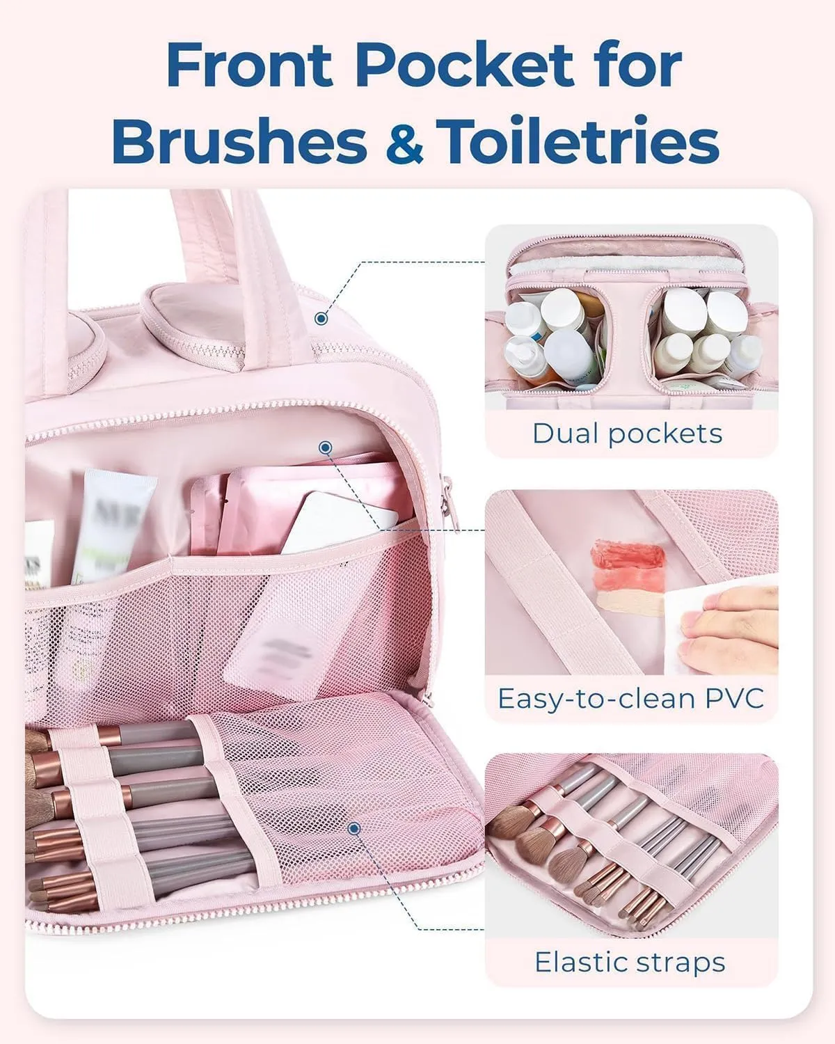 Curetoaway Travel Cosmetic Bag, Large Capacity Wide-Open Travel Cosmetic Bag, Curetoaway Toiletry Bag with 4 Compartments, 0.6lb Ultra Lightweight Toiletry Organizer with Handle (Pink)