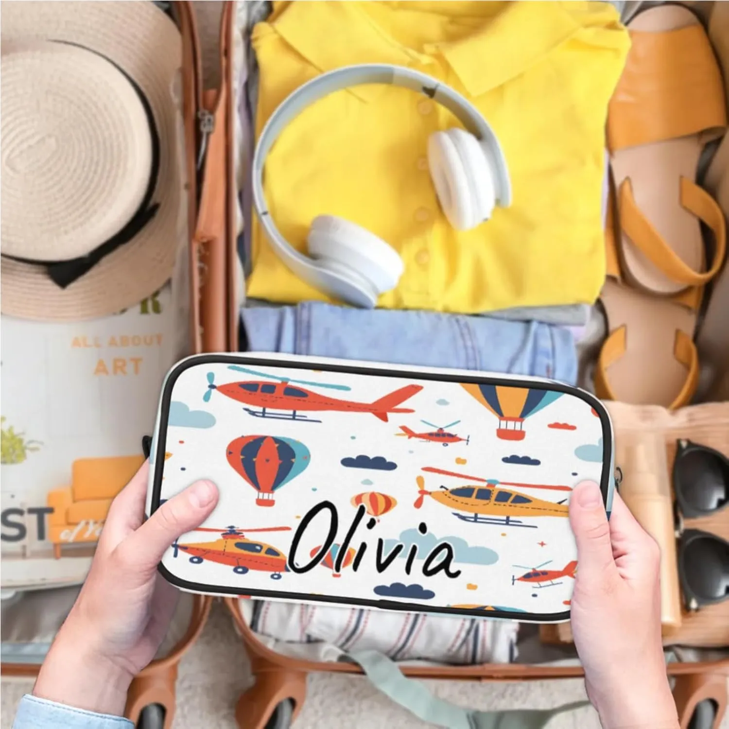 Custom Airplane Plane Makeup Bag with Name Personalized Waterproof Toiletry Bag Customized Aircraft Fighter Cosmetic Bag for Women Men