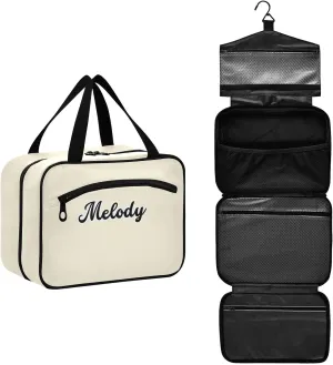 Custom Beige Hanging Cosmetic Bags for Women Personalized Travel Toiletry Bag Large Waterproof Make Up Organizers And Storage Customized Portable Makeup Organizer for Toiletries Beauty,L
