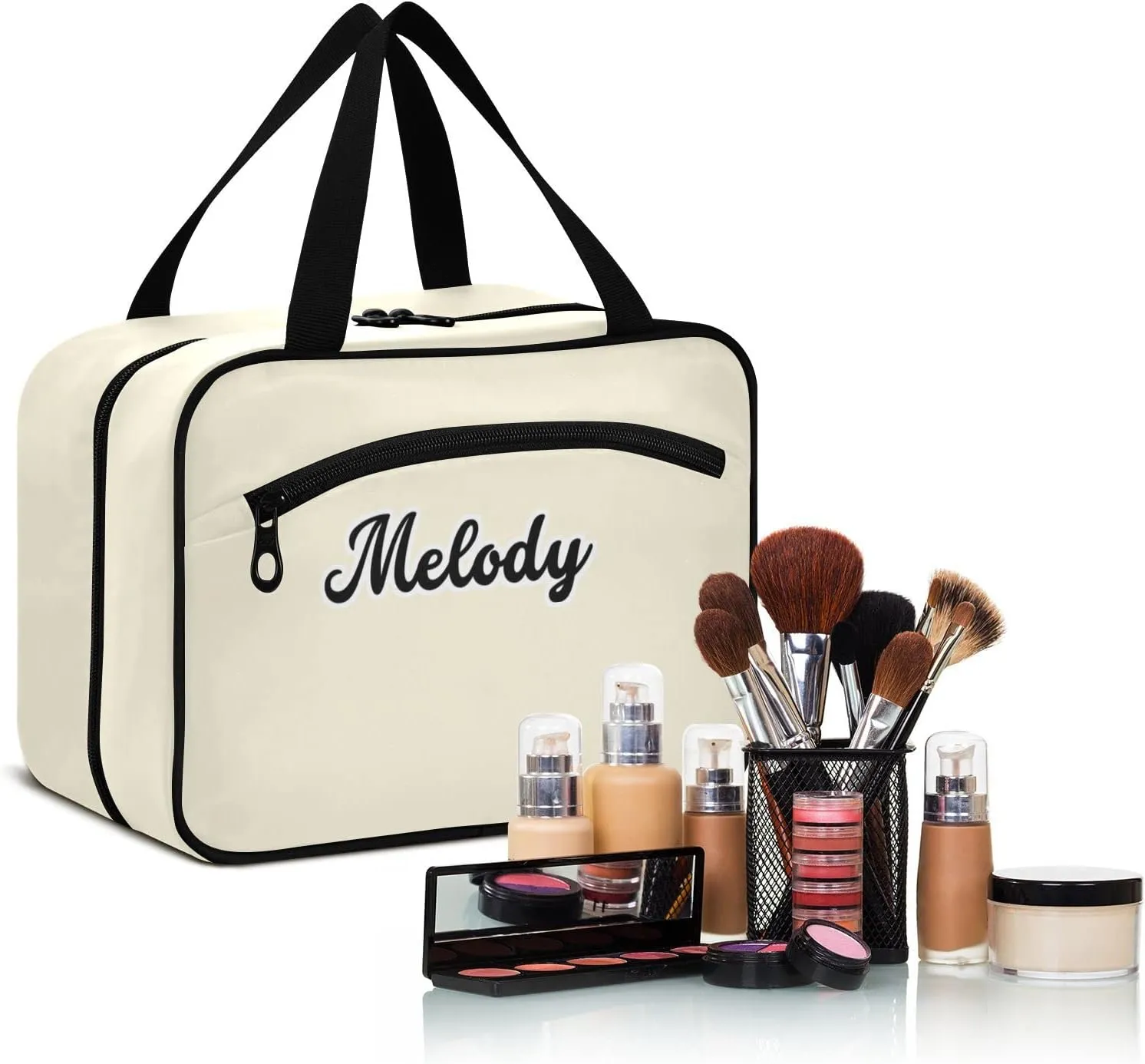 Custom Beige Hanging Cosmetic Bags for Women Personalized Travel Toiletry Bag Large Waterproof Make Up Organizers And Storage Customized Portable Makeup Organizer for Toiletries Beauty,L
