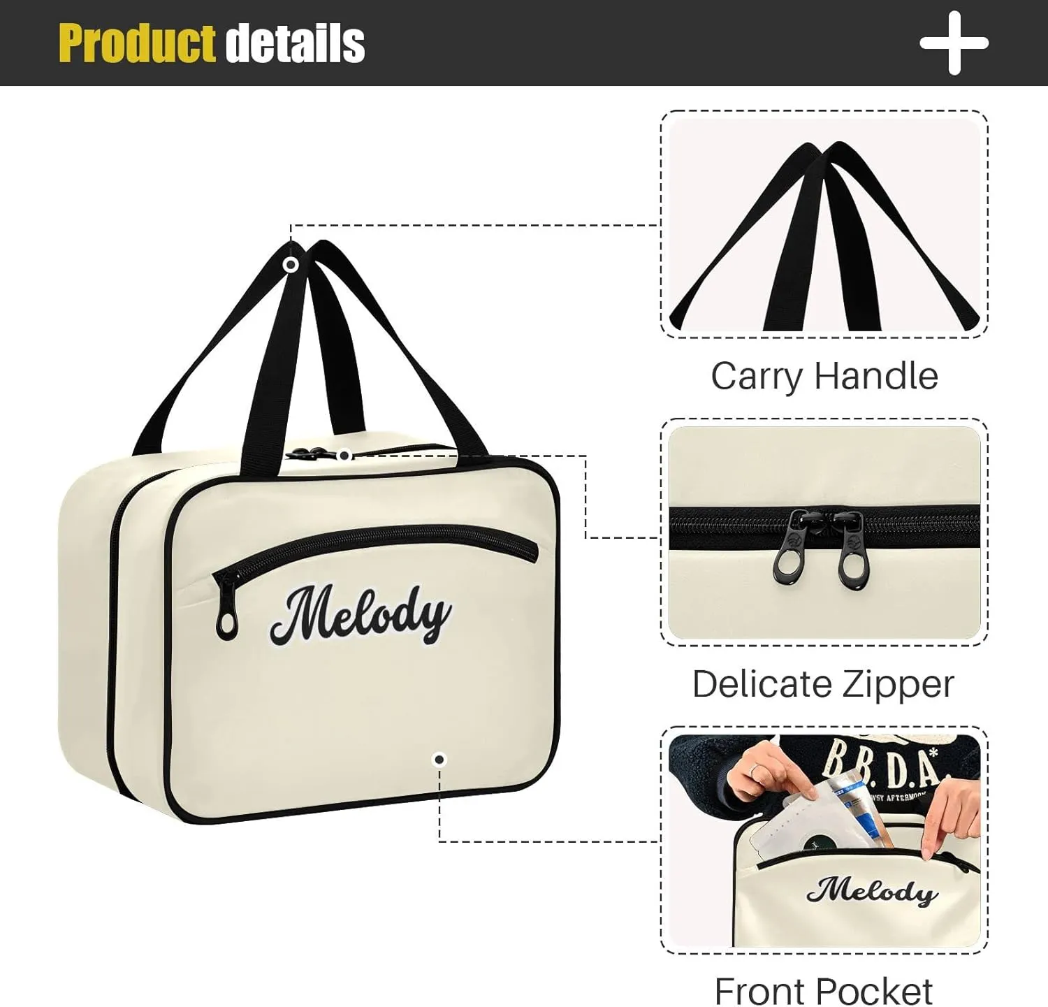 Custom Beige Hanging Cosmetic Bags for Women Personalized Travel Toiletry Bag Large Waterproof Make Up Organizers And Storage Customized Portable Makeup Organizer for Toiletries Beauty,L