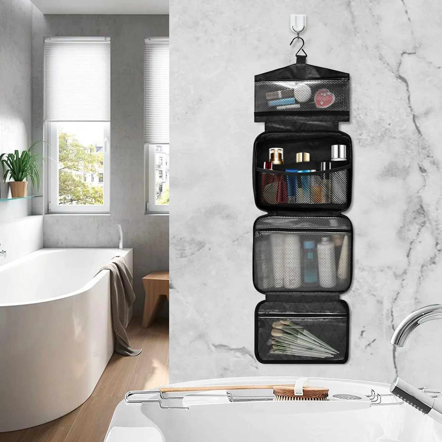 Custom Beige Hanging Cosmetic Bags for Women Personalized Travel Toiletry Bag Large Waterproof Make Up Organizers And Storage Customized Portable Makeup Organizer for Toiletries Beauty,L