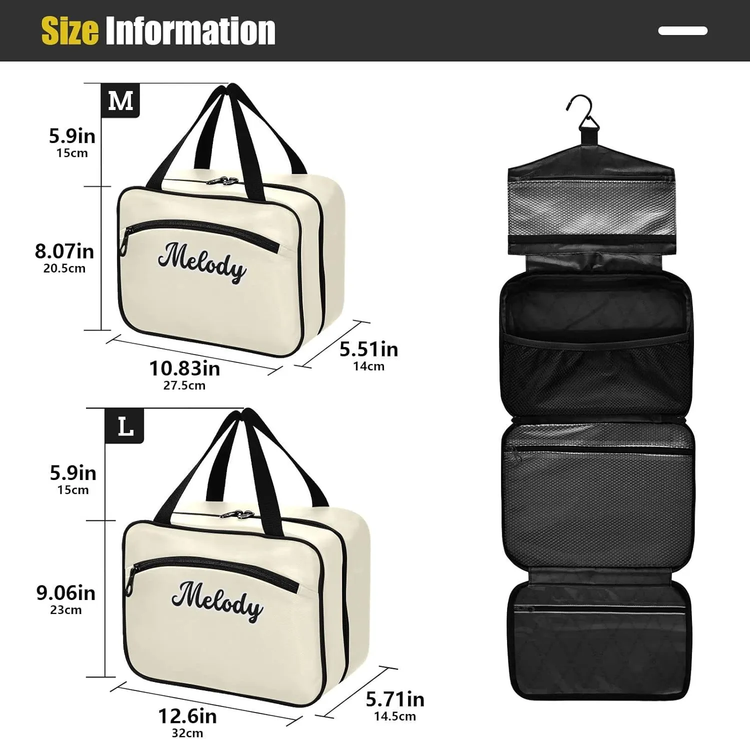Custom Beige Hanging Cosmetic Bags for Women Personalized Travel Toiletry Bag Large Waterproof Make Up Organizers And Storage Customized Portable Makeup Organizer for Toiletries Beauty,L