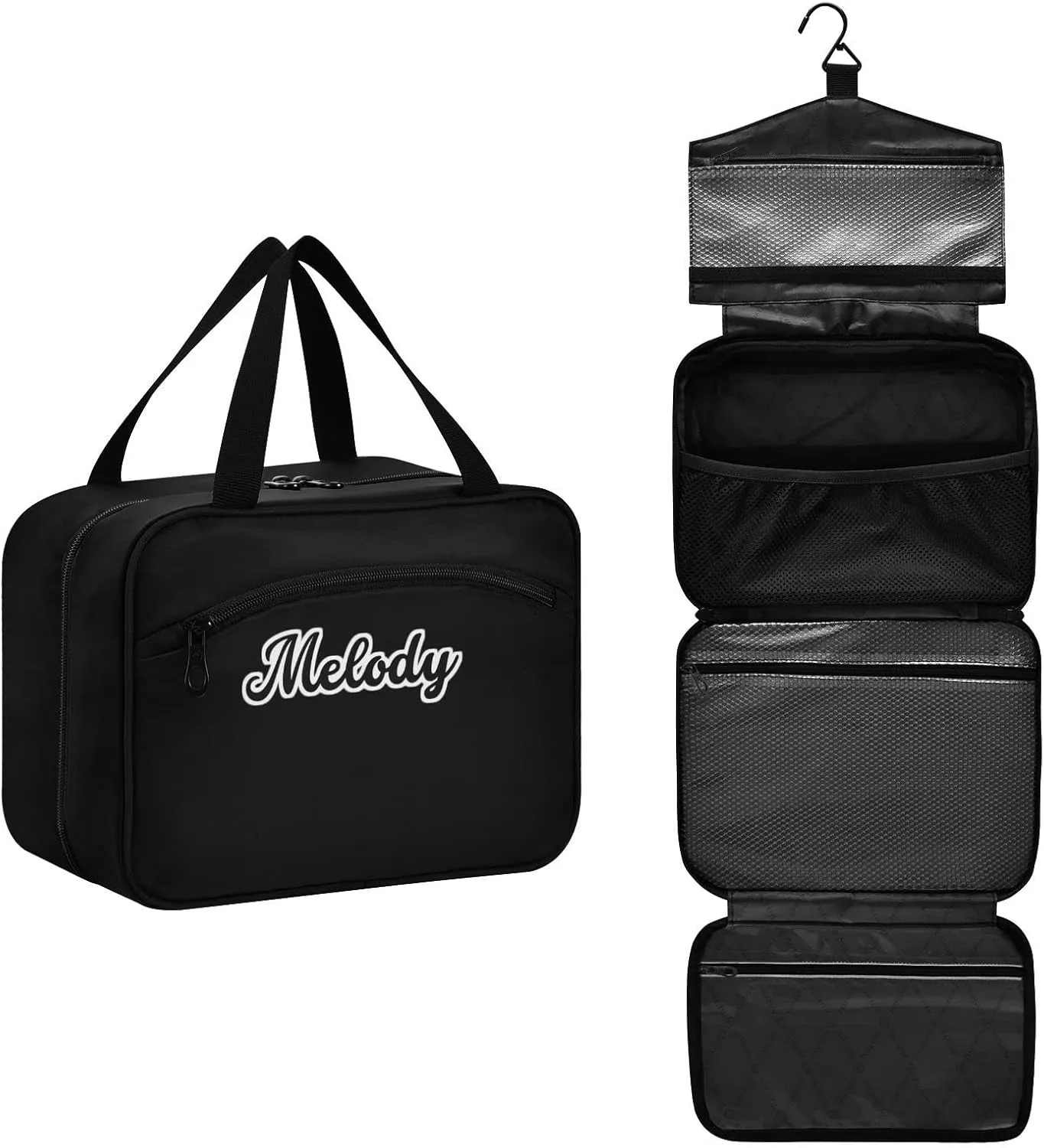 Custom Black Hanging Cosmetic Bags for Women Personalized Travel Toiletry Bag Large Waterproof Makeup Storage Customized Travel Bathroom Bag for Toiletries Cosmetics Brushes Bottle,L