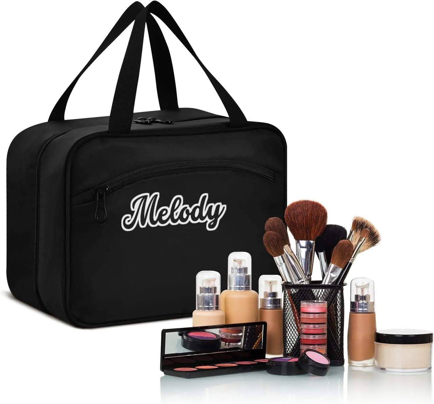 Custom Black Hanging Cosmetic Bags for Women Personalized Travel Toiletry Bag Large Waterproof Makeup Storage Customized Travel Bathroom Bag for Toiletries Cosmetics Brushes Bottle,L