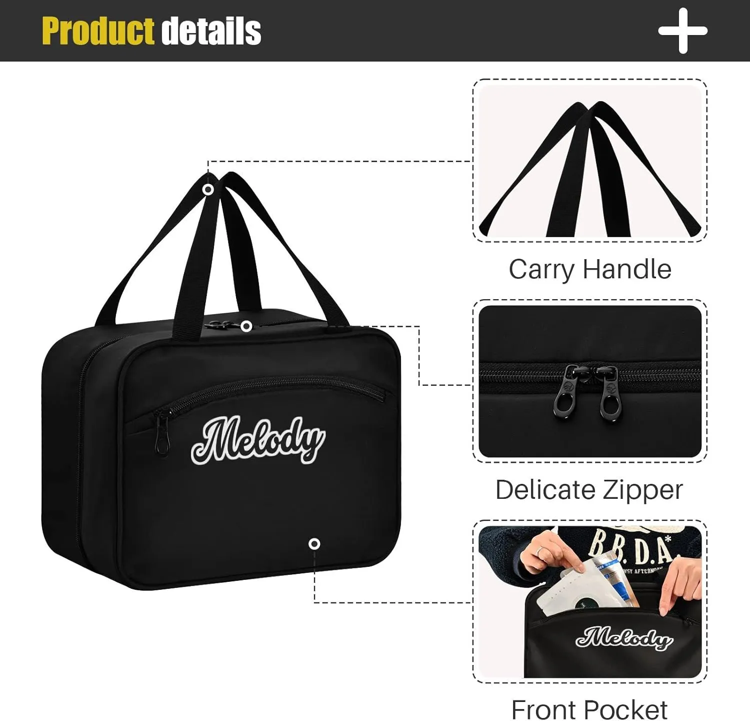 Custom Black Hanging Cosmetic Bags for Women Personalized Travel Toiletry Bag Large Waterproof Makeup Storage Customized Travel Bathroom Bag for Toiletries Cosmetics Brushes Bottle,L