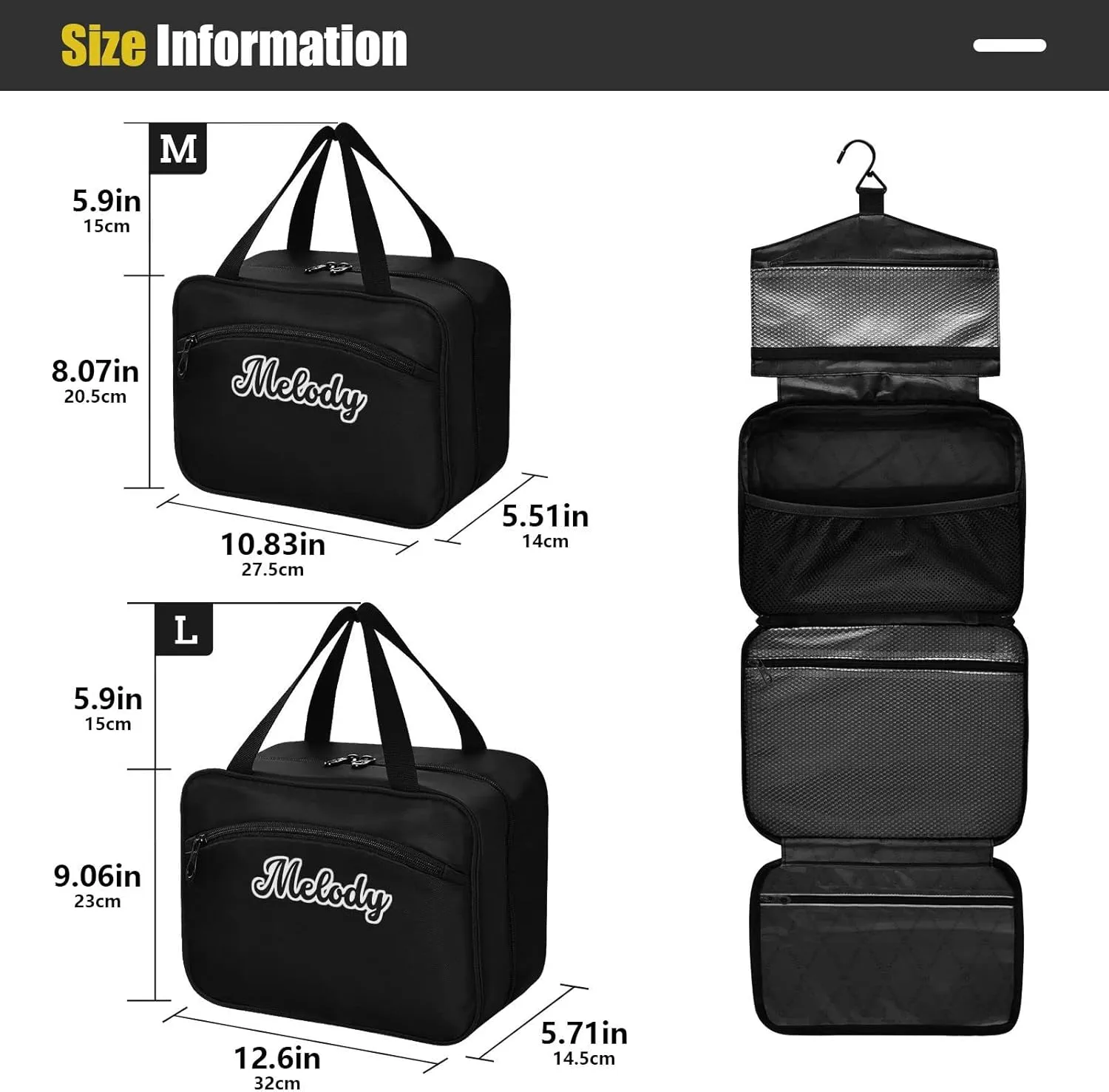 Custom Black Hanging Cosmetic Bags for Women Personalized Travel Toiletry Bag Large Waterproof Makeup Storage Customized Travel Bathroom Bag for Toiletries Cosmetics Brushes Bottle,L