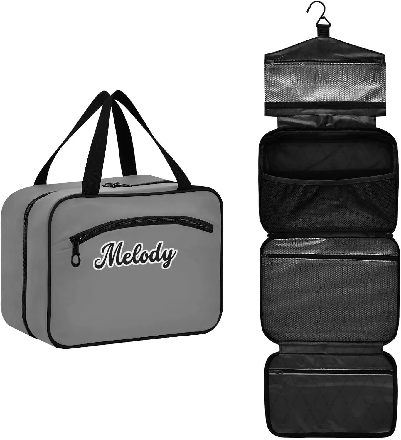 Custom Grey Hanging Cosmetic Bags for Women Personalized Travel Toiletry Bag Large Waterproof Travel Makeup Organizer Customized Cosmetic Travel Bag for Women Men Shampoo Cosmetics,L