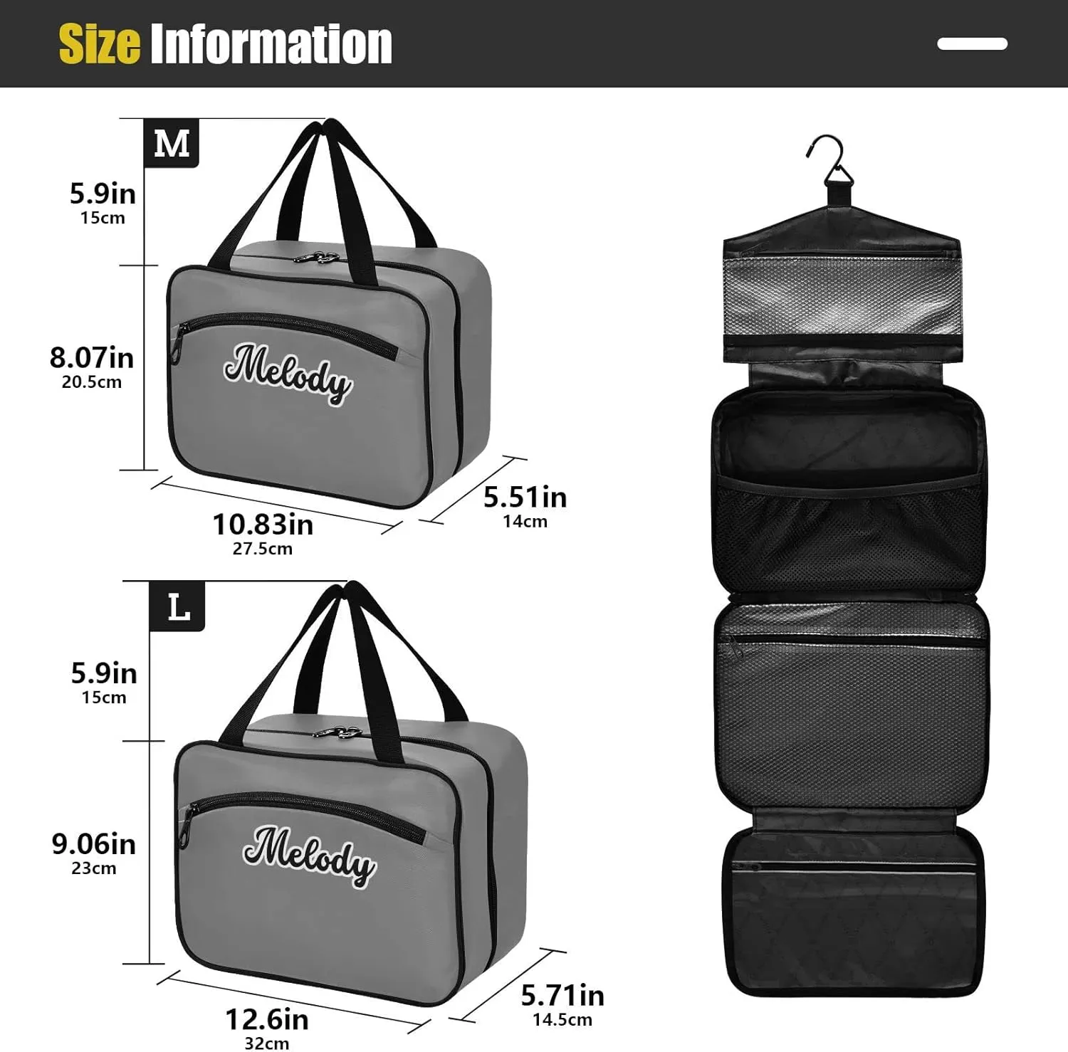 Custom Grey Hanging Cosmetic Bags for Women Personalized Travel Toiletry Bag Large Waterproof Travel Makeup Organizer Customized Cosmetic Travel Bag for Women Men Shampoo Cosmetics,L