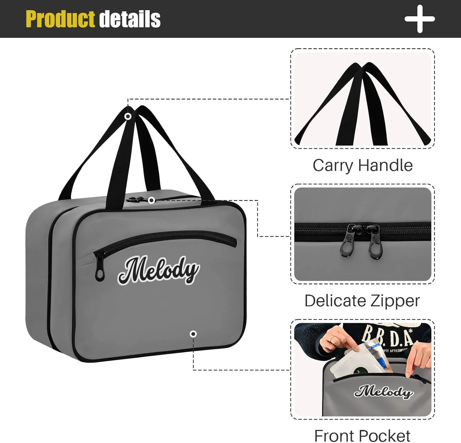 Custom Grey Hanging Cosmetic Bags for Women Personalized Travel Toiletry Bag Large Waterproof Travel Makeup Organizer Customized Cosmetic Travel Bag for Women Men Shampoo Cosmetics,L