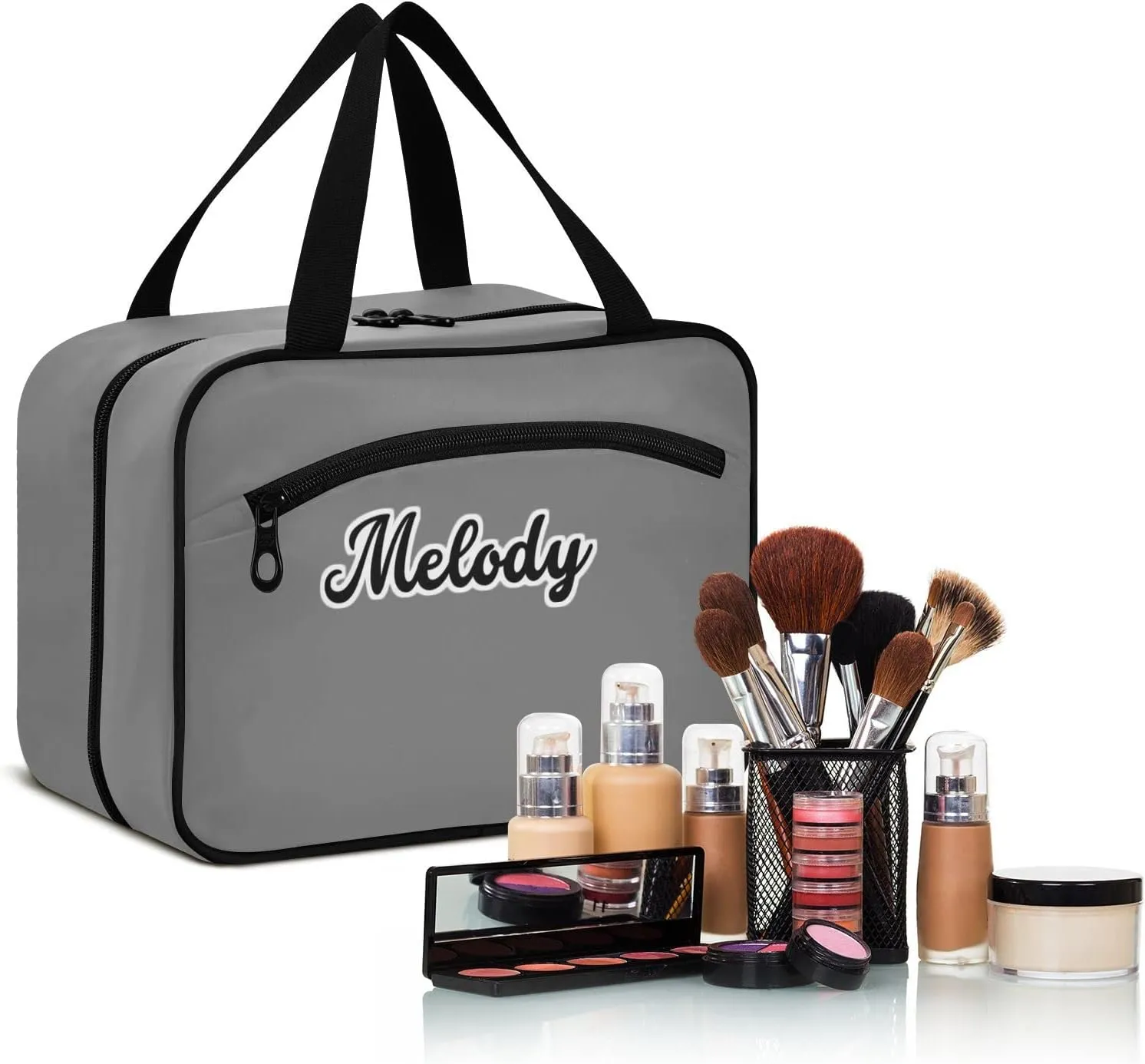 Custom Grey Hanging Cosmetic Bags for Women Personalized Travel Toiletry Bag Large Waterproof Travel Makeup Organizer Customized Cosmetic Travel Bag for Women Men Shampoo Cosmetics,L