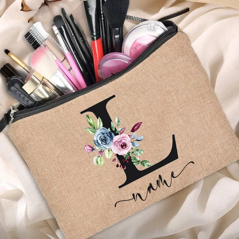 Custom Name Linen Cosmetic Bag