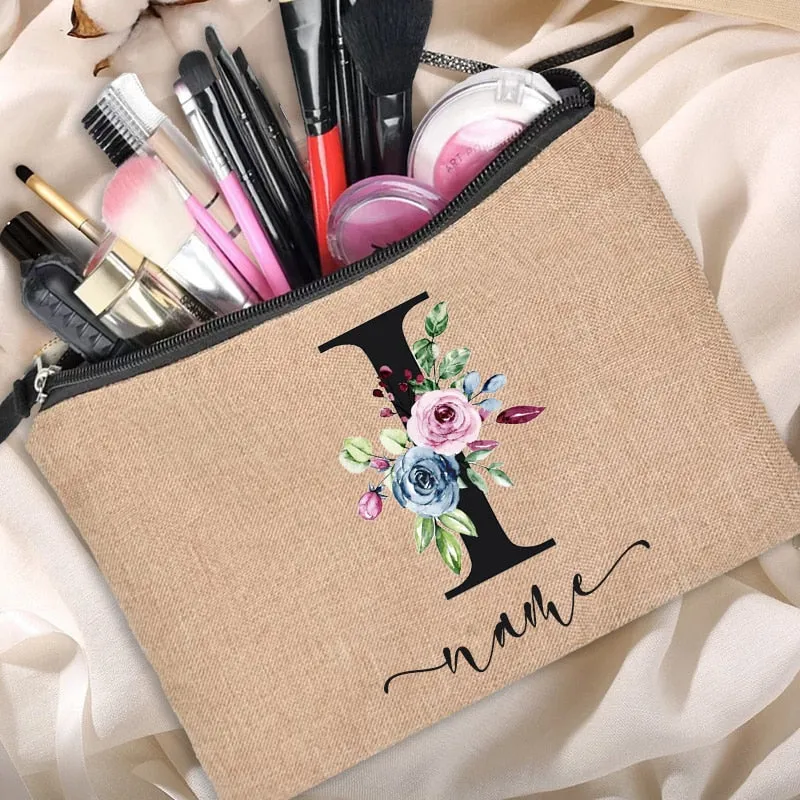 Custom Name Linen Cosmetic Bag