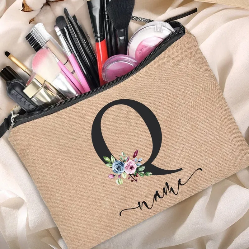 Custom Name Linen Cosmetic Bag