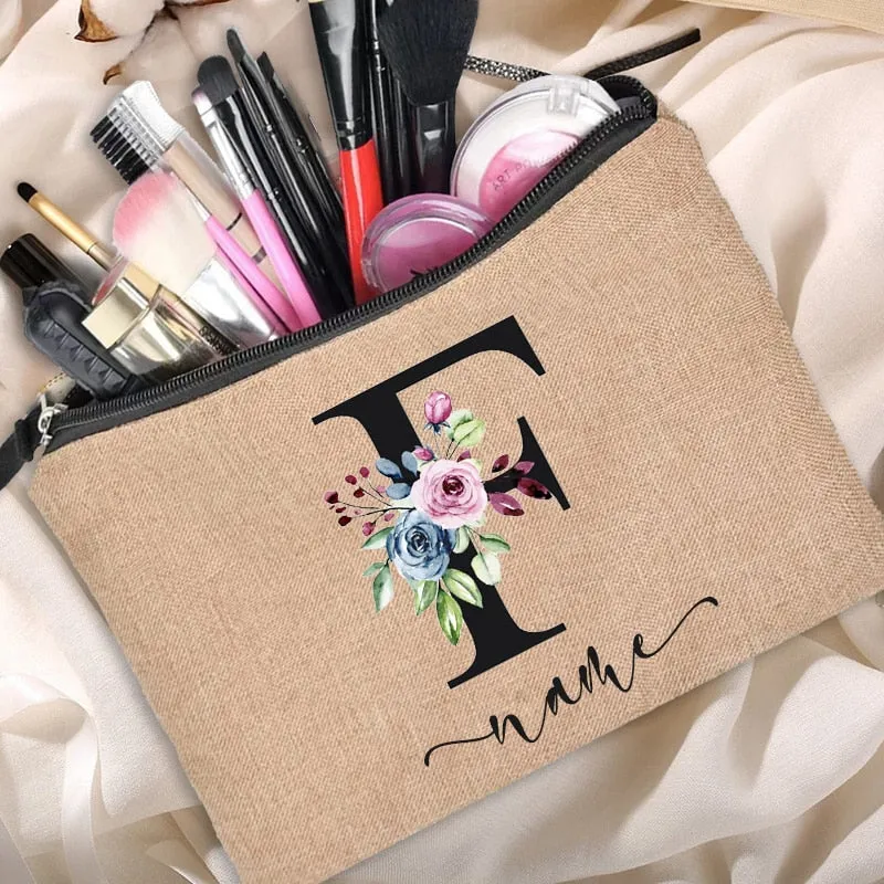 Custom Name Linen Cosmetic Bag