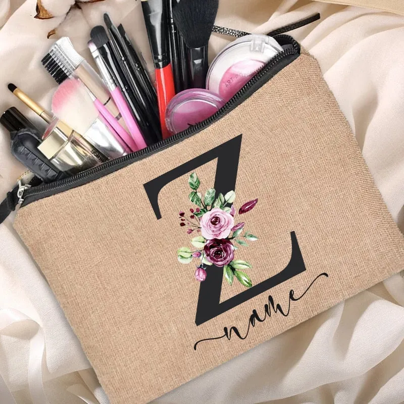 Custom Name Linen Cosmetic Bag