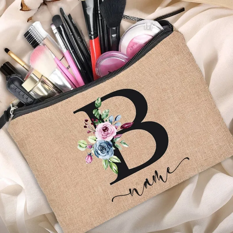 Custom Name Linen Cosmetic Bag