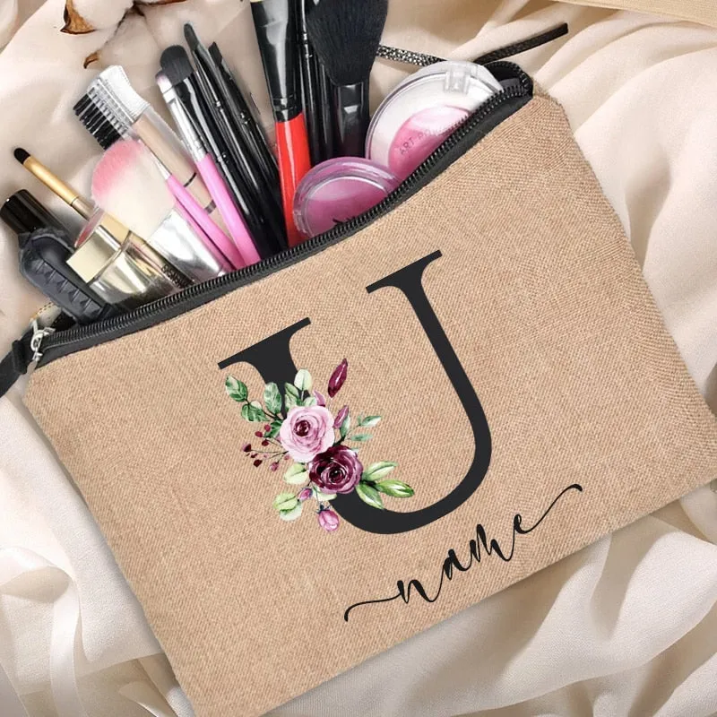 Custom Name Linen Cosmetic Bag