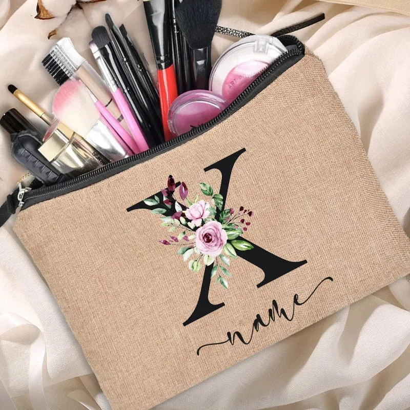 Custom Name Linen Cosmetic Bag