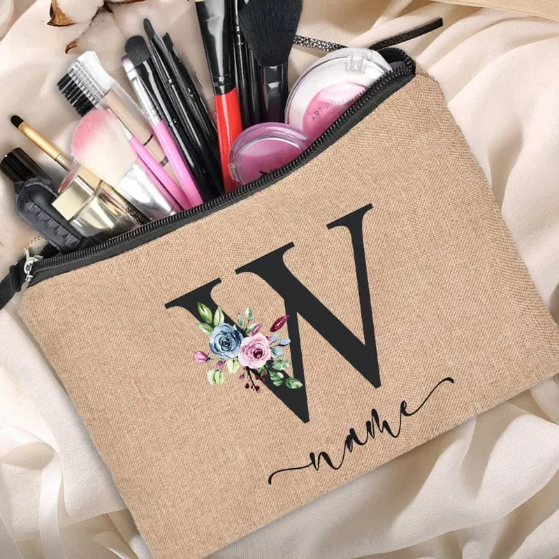 Custom Name Linen Cosmetic Bag