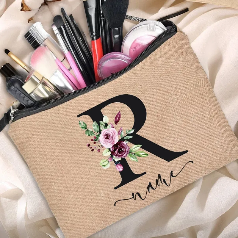 Custom Name Linen Cosmetic Bag