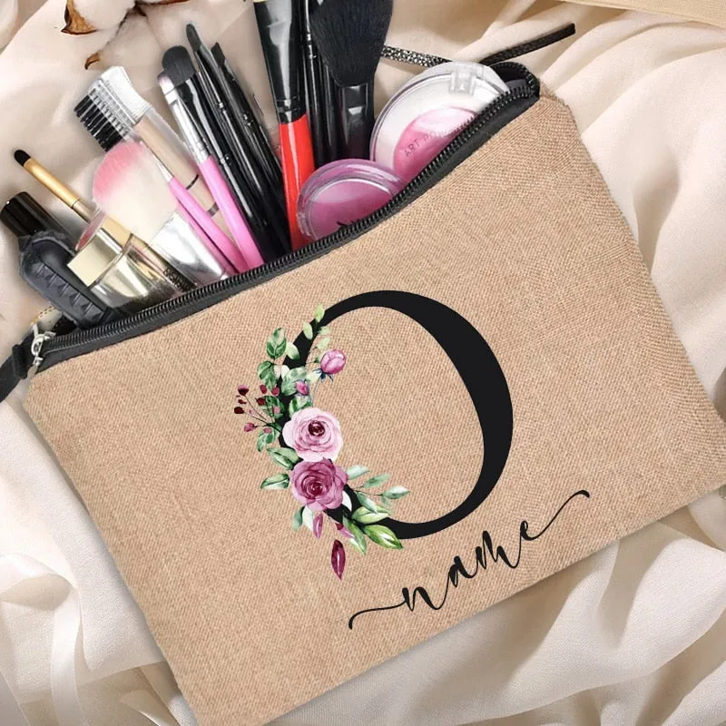 Custom Name Linen Cosmetic Bag