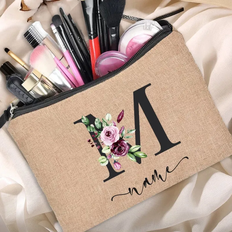 Custom Name Linen Cosmetic Bag