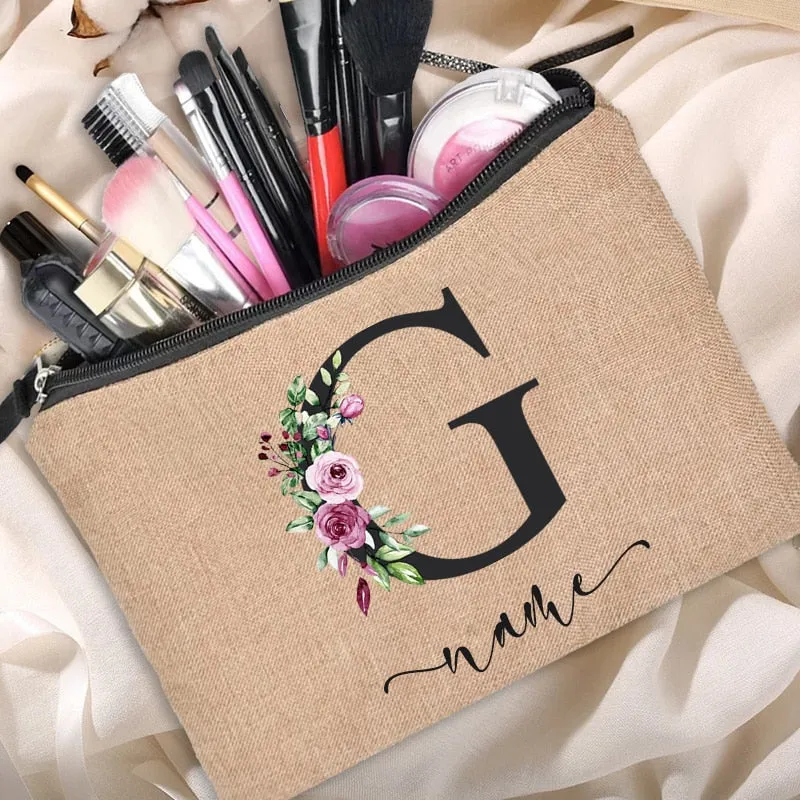 Custom Name Linen Cosmetic Bag