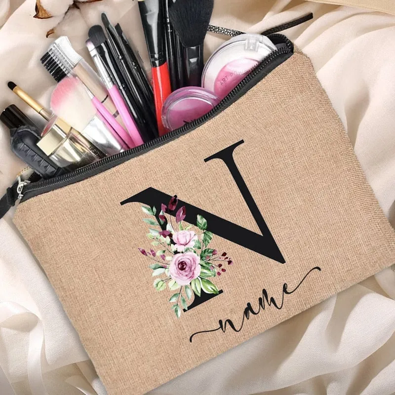 Custom Name Linen Cosmetic Bag