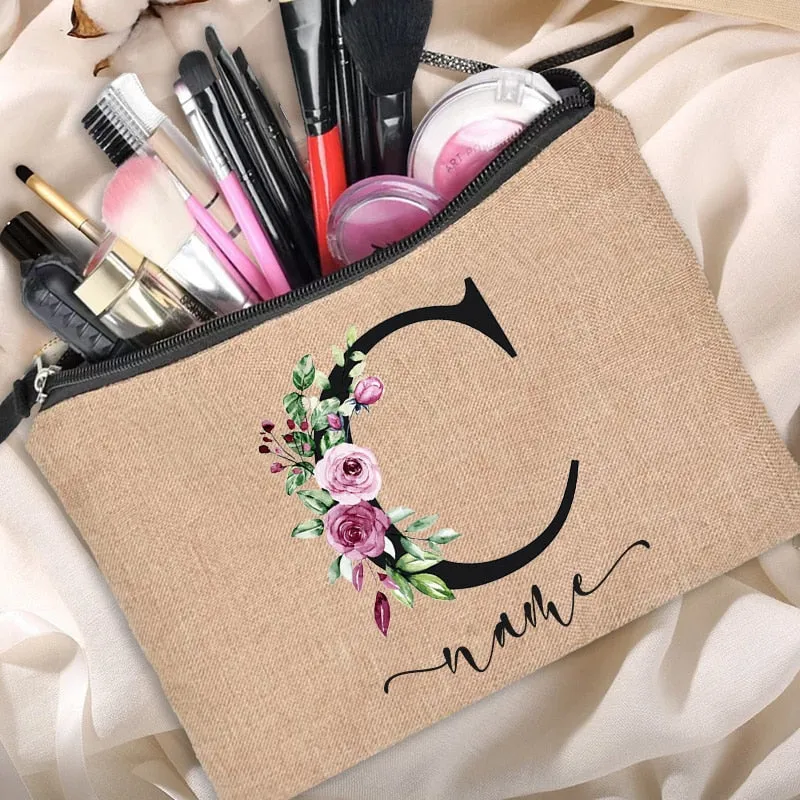 Custom Name Linen Cosmetic Bag