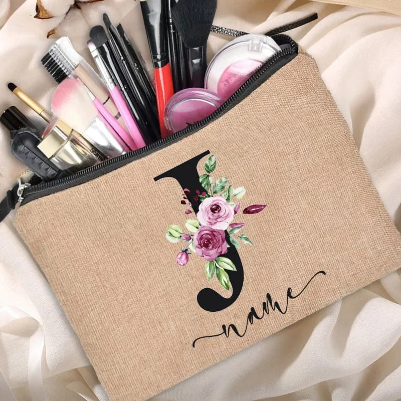 Custom Name Linen Cosmetic Bag