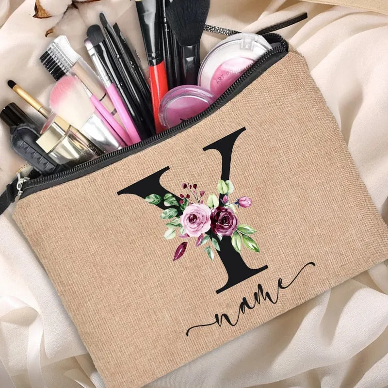 Custom Name Linen Cosmetic Bag
