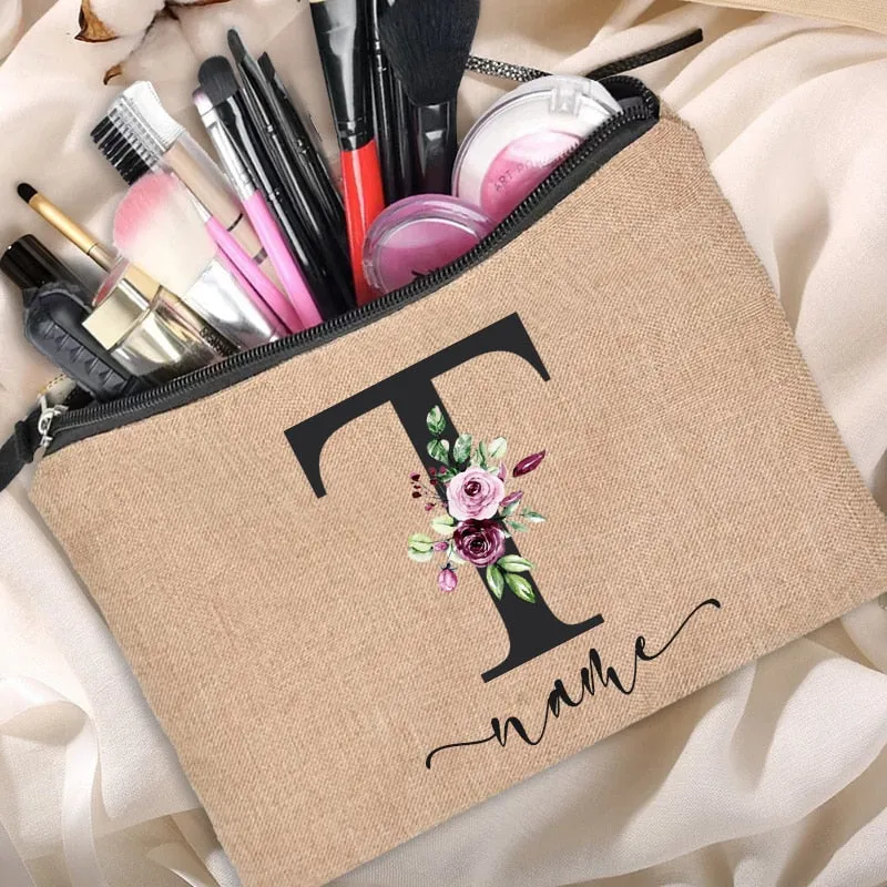 Custom Name Linen Cosmetic Bag
