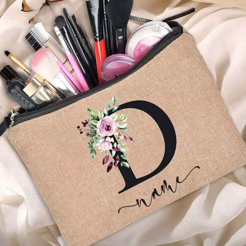 Custom Name Linen Cosmetic Bag