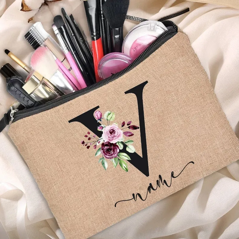 Custom Name Linen Cosmetic Bag