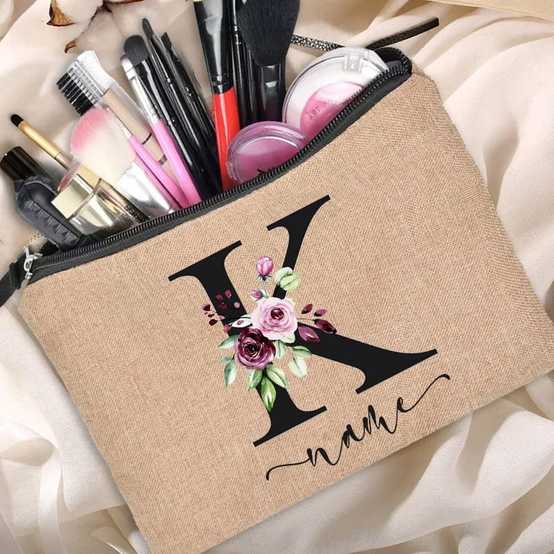Custom Name Linen Cosmetic Bag