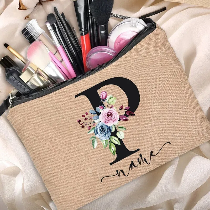 Custom Name Linen Cosmetic Bag
