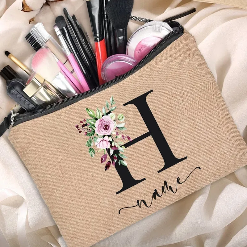 Custom Name Linen Cosmetic Bag
