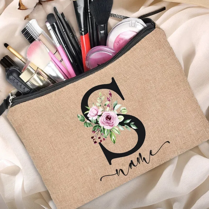 Custom Name Linen Cosmetic Bag