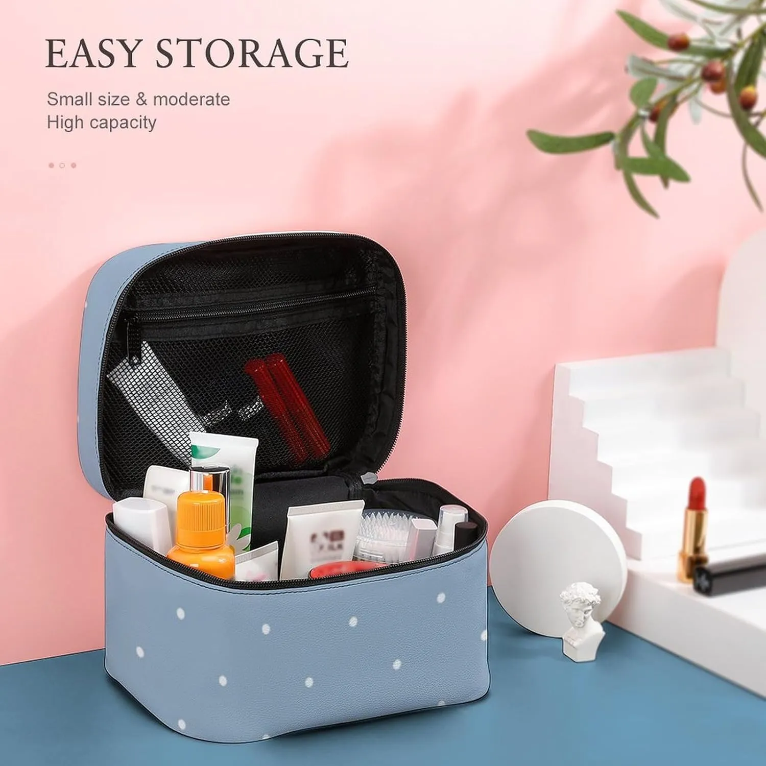 Cute Aqua Blue Polka Dots Pattern Cosmetic Bag, Travel Portable Makeup Bag for Purse Pouch Beauty Zipper Organizer Toiletry Bag for Women