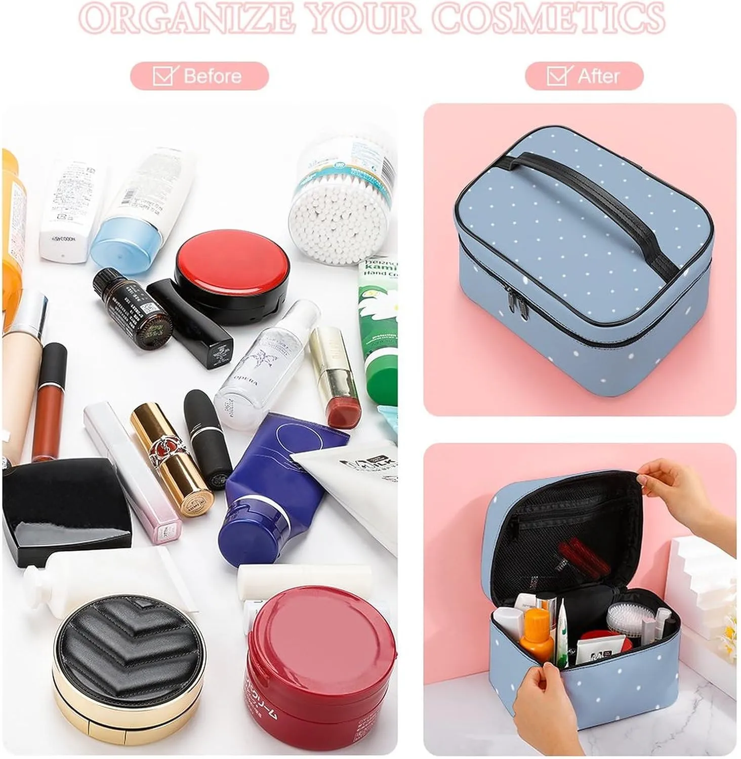 Cute Aqua Blue Polka Dots Pattern Cosmetic Bag, Travel Portable Makeup Bag for Purse Pouch Beauty Zipper Organizer Toiletry Bag for Women