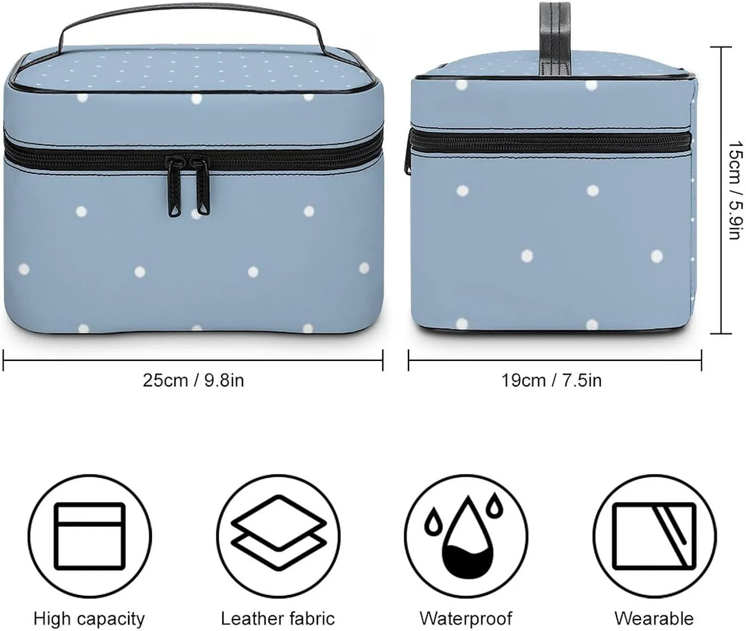 Cute Aqua Blue Polka Dots Pattern Cosmetic Bag, Travel Portable Makeup Bag for Purse Pouch Beauty Zipper Organizer Toiletry Bag for Women