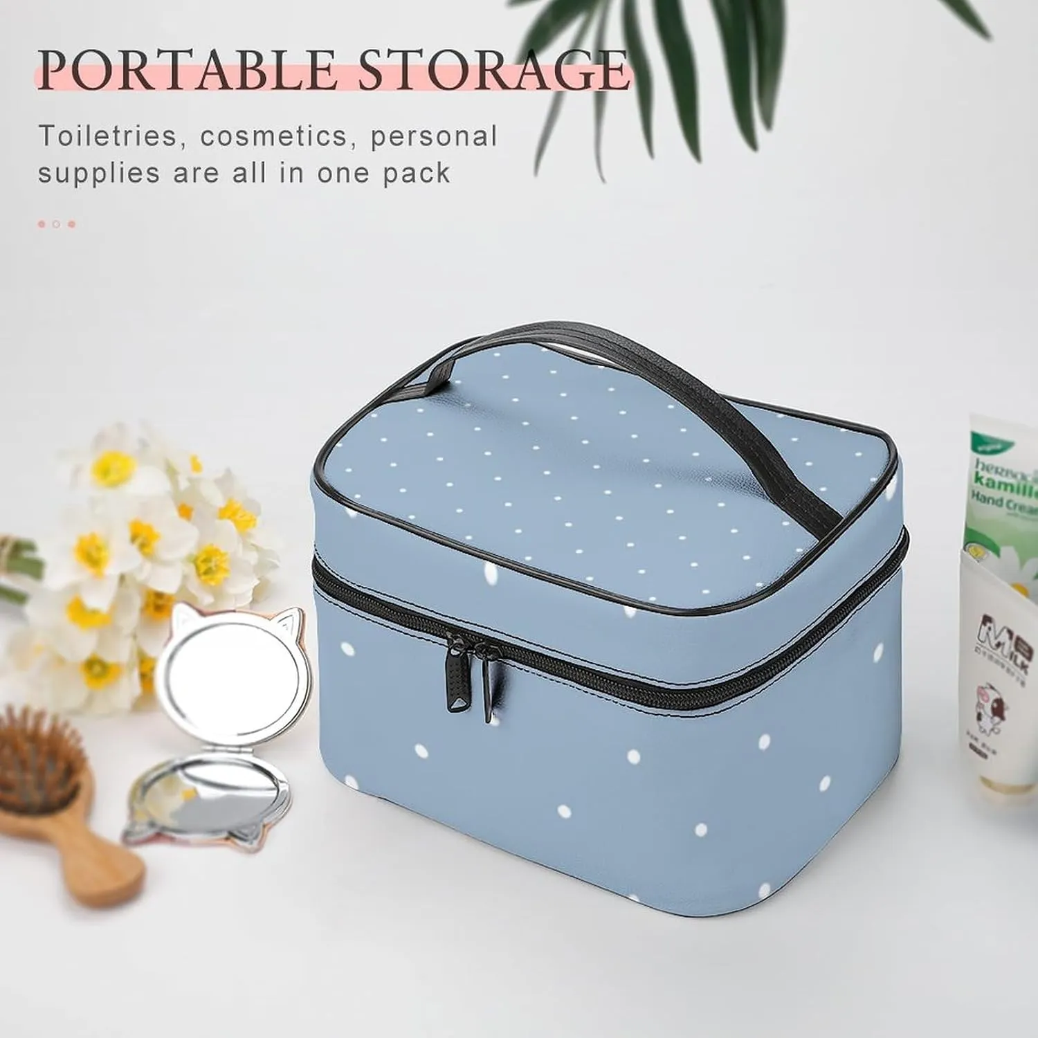 Cute Aqua Blue Polka Dots Pattern Cosmetic Bag, Travel Portable Makeup Bag for Purse Pouch Beauty Zipper Organizer Toiletry Bag for Women