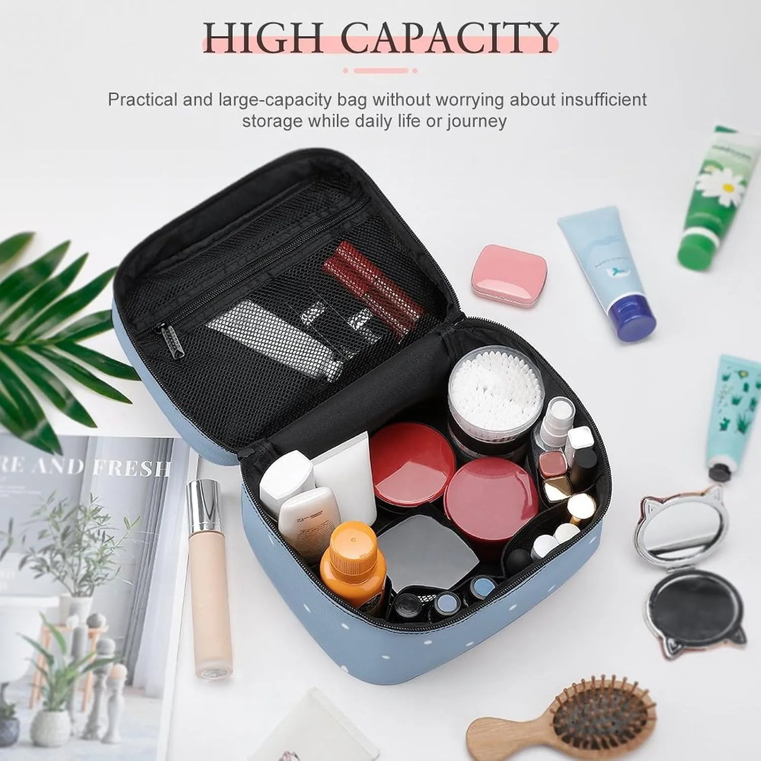 Cute Aqua Blue Polka Dots Pattern Cosmetic Bag, Travel Portable Makeup Bag for Purse Pouch Beauty Zipper Organizer Toiletry Bag for Women