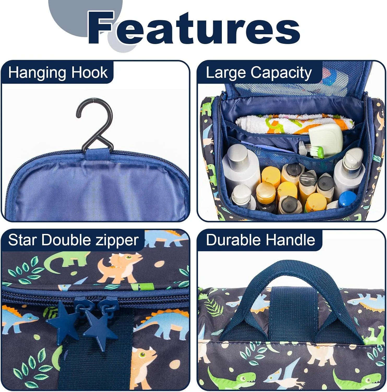 Cute Cartoon Hanging Kids Toiletry Bag Children Travel Cosmetic Makeup Organizer Wash Bag Shower bag Over Night Bag Camping Shaving Kit Bag for Boys & Girls (Dinosaurs)