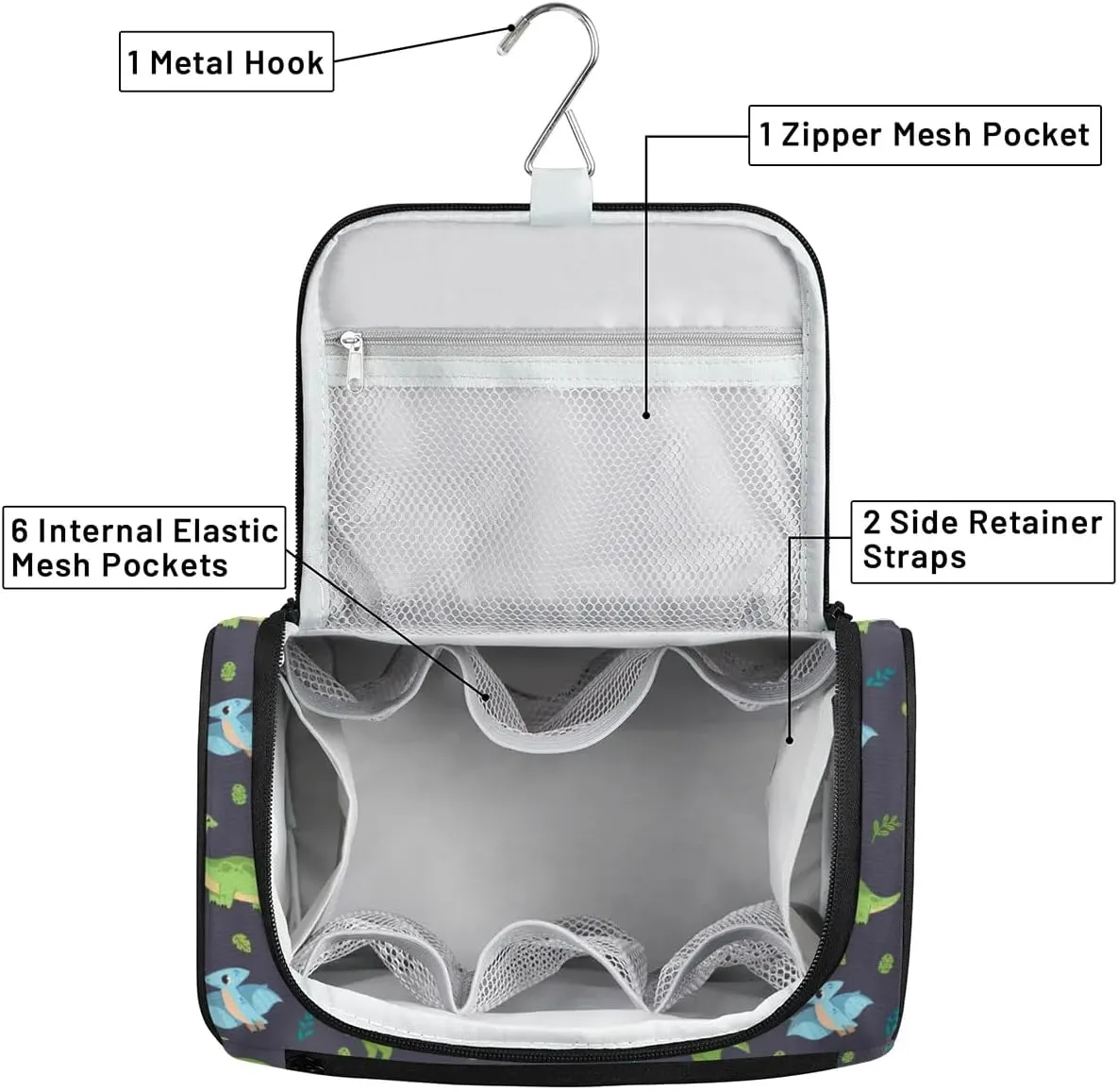 Cute Dinosaur Hanging Toiletry Bag Wash Bag Shower Bag for Men and Boys Cartoon Dino Travel Cosmetics Bag Shaving Bag Organizer Kit for Accessories, Cosmetics, Travel Essentials