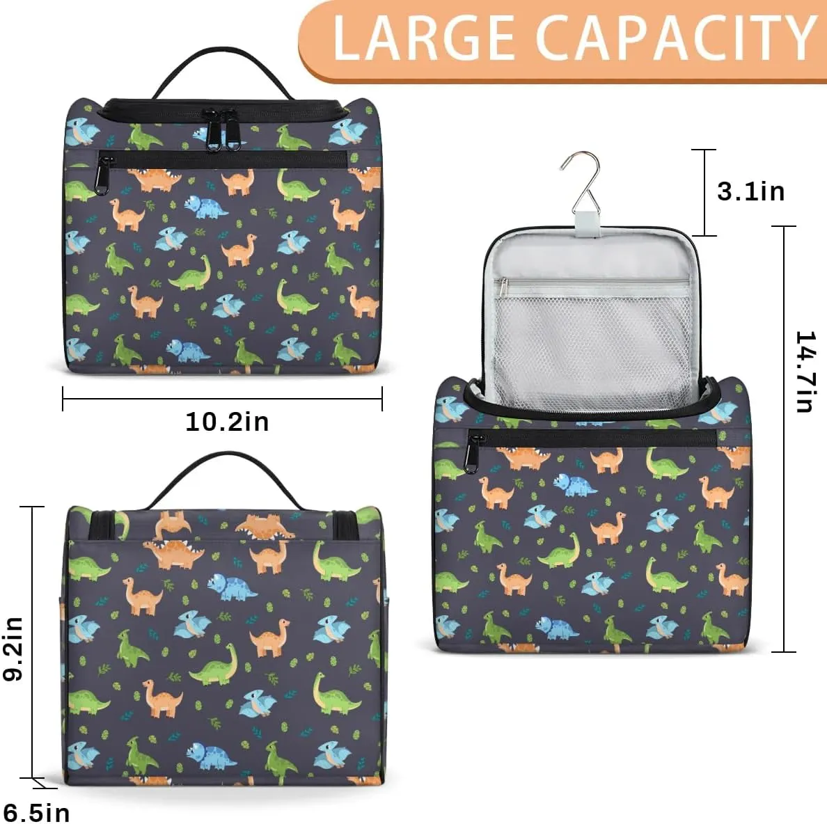 Cute Dinosaur Hanging Toiletry Bag Wash Bag Shower Bag for Men and Boys Cartoon Dino Travel Cosmetics Bag Shaving Bag Organizer Kit for Accessories, Cosmetics, Travel Essentials